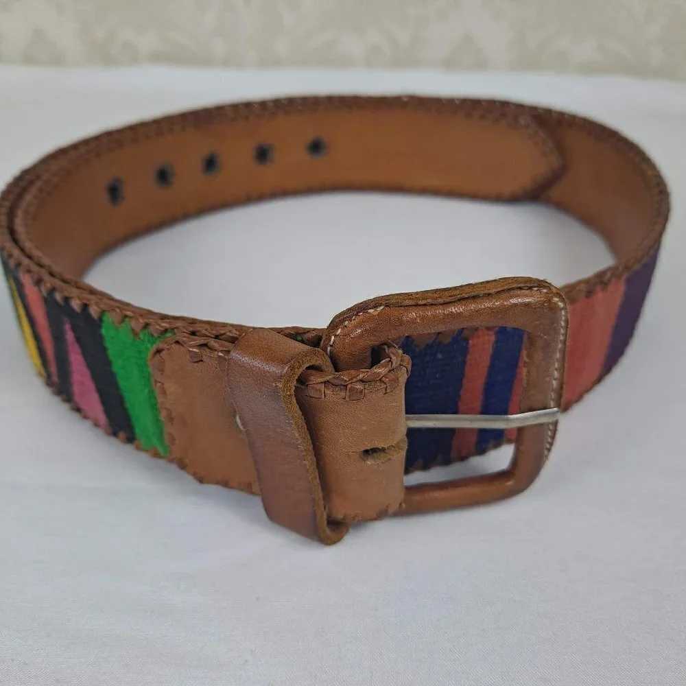 Colorful Cotton and Leather Belt Size Large Colorblock Made in Guatemala